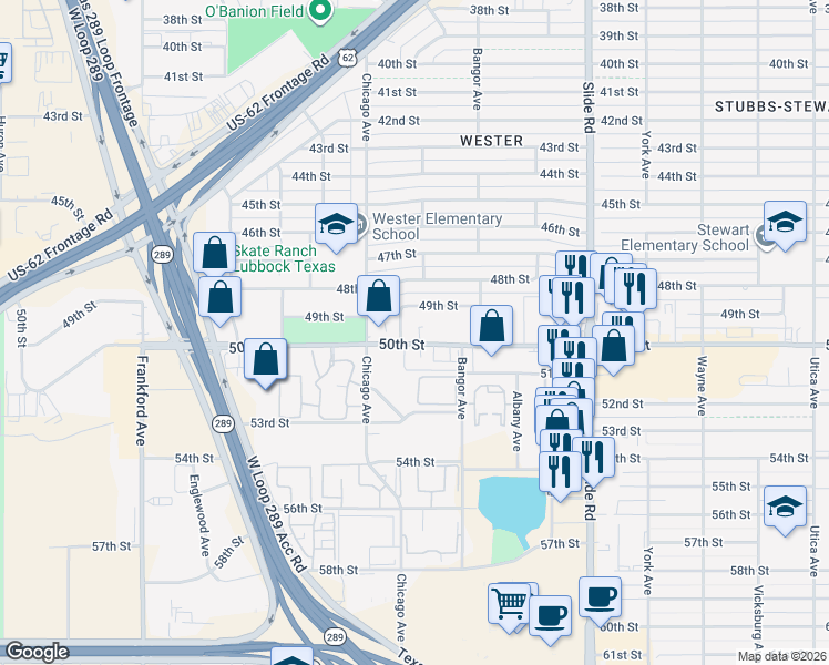 map of restaurants, bars, coffee shops, grocery stores, and more near 24 50th Street in Lubbock