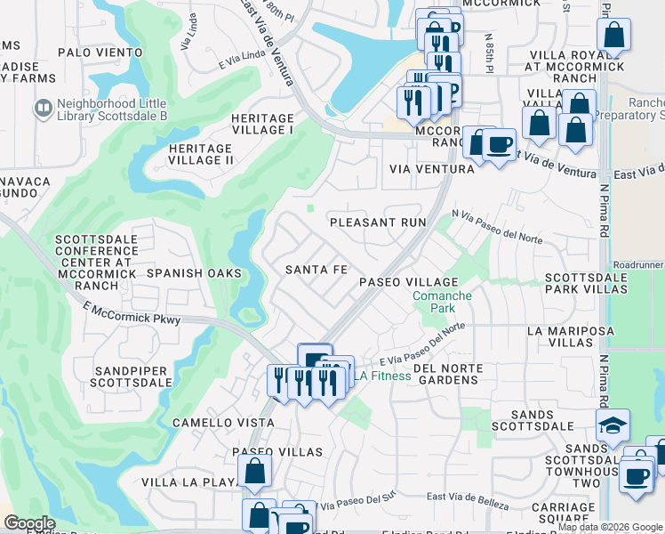 map of restaurants, bars, coffee shops, grocery stores, and more near 7725 North Vía De Fonda in Scottsdale