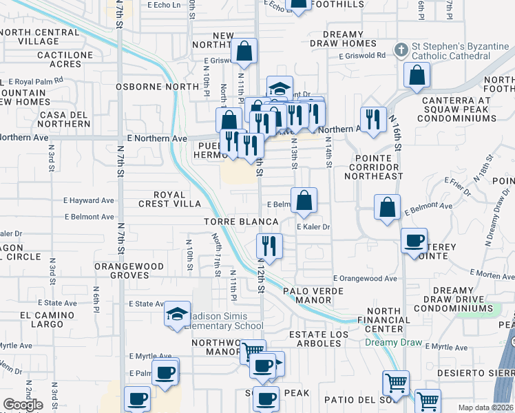 map of restaurants, bars, coffee shops, grocery stores, and more near 7658 North 12th Place in Phoenix