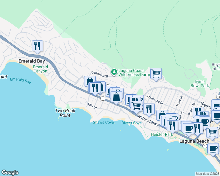 map of restaurants, bars, coffee shops, grocery stores, and more near 276 La Brea Street in Laguna Beach