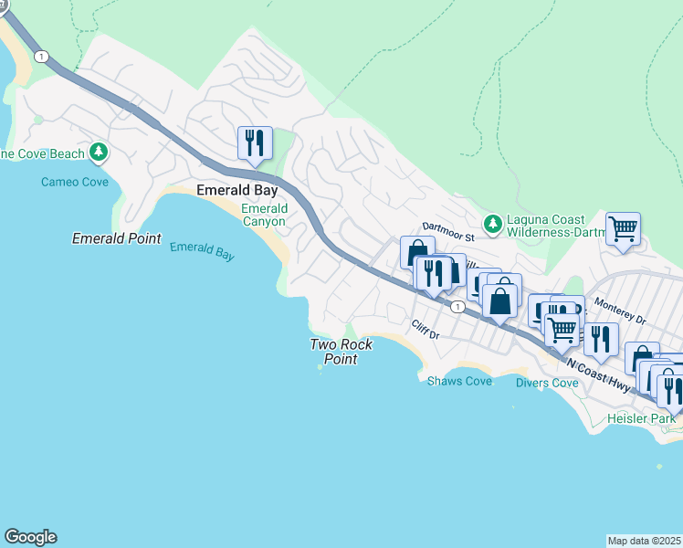 map of restaurants, bars, coffee shops, grocery stores, and more near 5 Via Capri in Laguna Beach