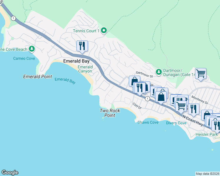 map of restaurants, bars, coffee shops, grocery stores, and more near 5 Via Capri in Laguna Beach