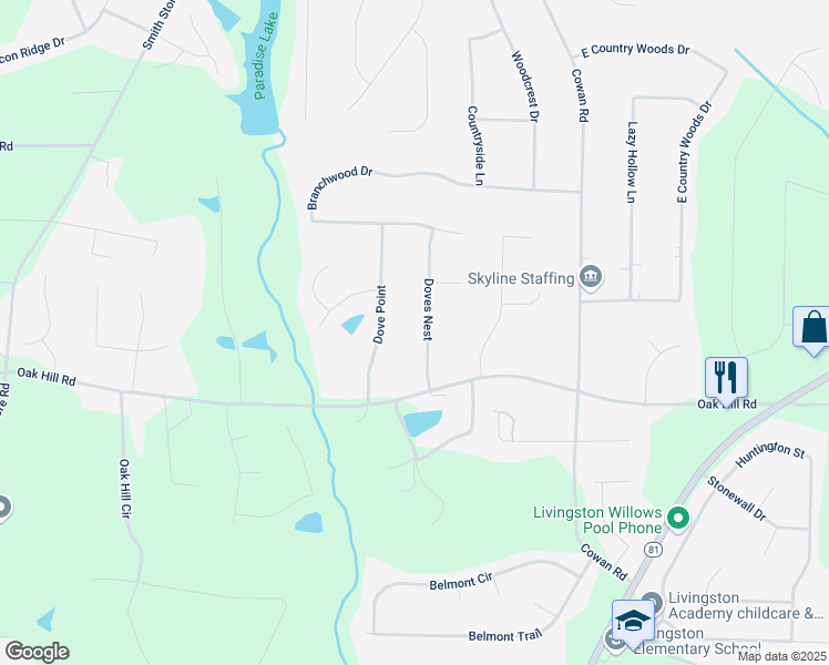 map of restaurants, bars, coffee shops, grocery stores, and more near 75 Doves Nest in Covington