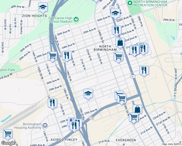 map of restaurants, bars, coffee shops, grocery stores, and more near 2104 29th Avenue North in Birmingham