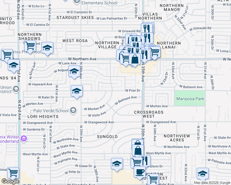 map of restaurants, bars, coffee shops, grocery stores, and more near 7653 North 37th Avenue in Phoenix