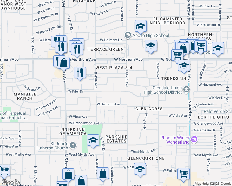 map of restaurants, bars, coffee shops, grocery stores, and more near 7628 North 47th Drive in Glendale