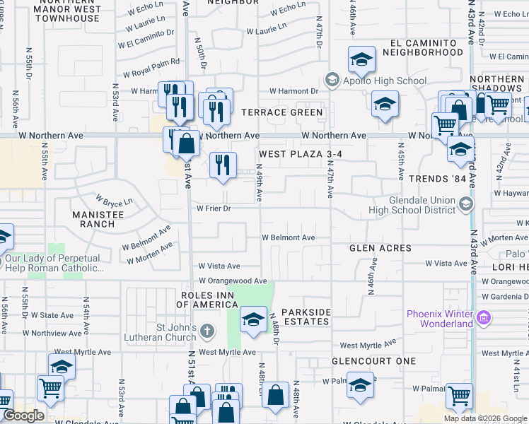 map of restaurants, bars, coffee shops, grocery stores, and more near 4840 West Kaler Circle in Glendale