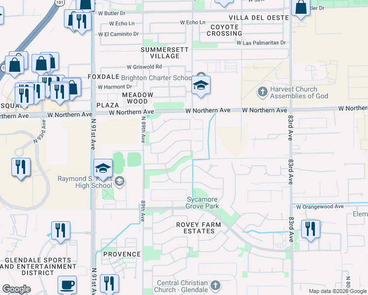 map of restaurants, bars, coffee shops, grocery stores, and more near 8668 West frier Drive in Glendale