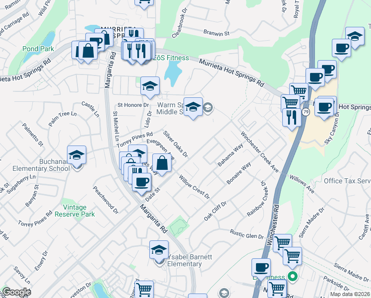 map of restaurants, bars, coffee shops, grocery stores, and more near 26745 Silver Oaks Drive in Murrieta