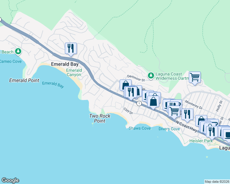 map of restaurants, bars, coffee shops, grocery stores, and more near 105 Crescent Bay Drive in Laguna Beach