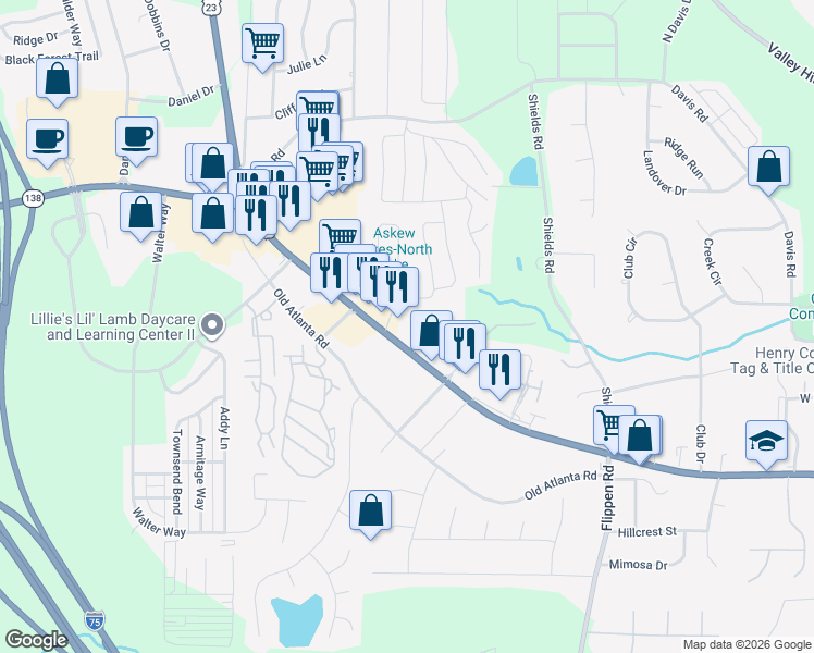 map of restaurants, bars, coffee shops, grocery stores, and more near 5356 North Henry Boulevard in Stockbridge