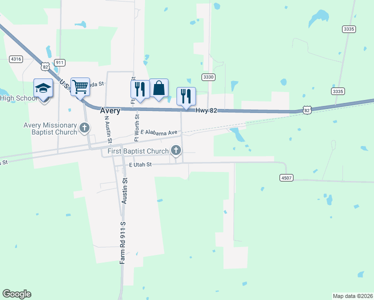 map of restaurants, bars, coffee shops, grocery stores, and more near 265 South Dallas Avenue in Avery