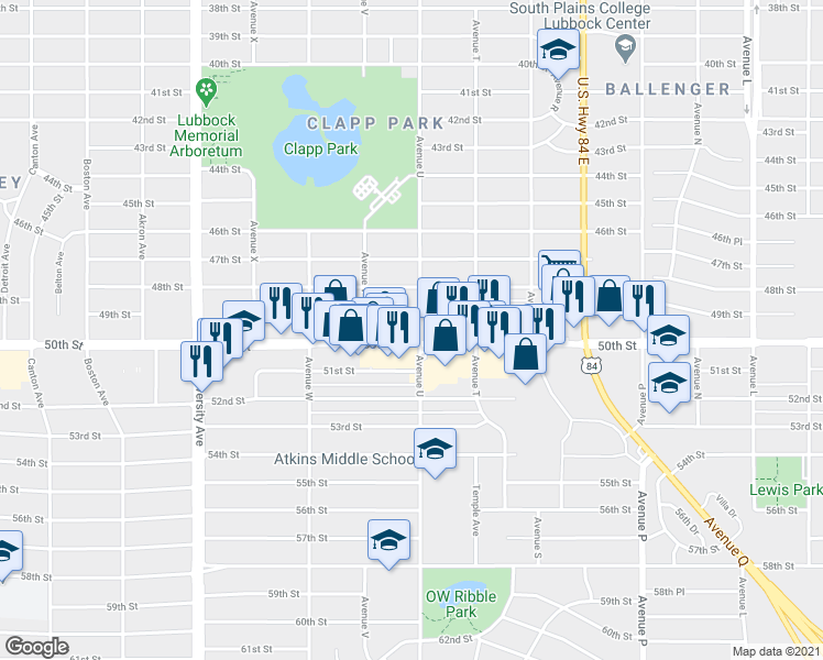 map of restaurants, bars, coffee shops, grocery stores, and more near 2102 50th Street in Lubbock