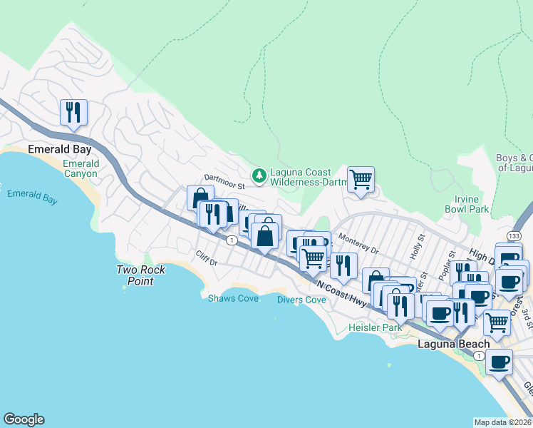 map of restaurants, bars, coffee shops, grocery stores, and more near 990 Hillcrest Drive in Laguna Beach