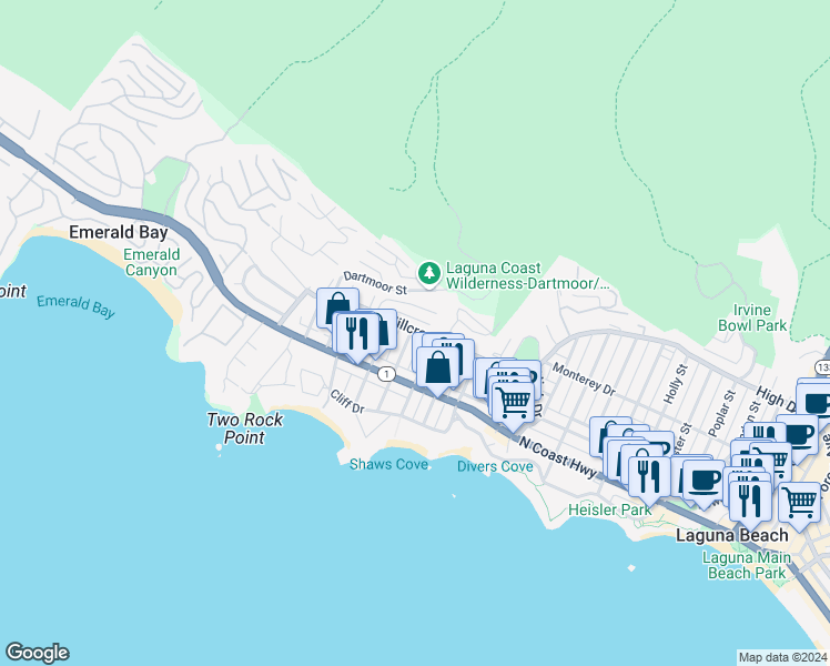 map of restaurants, bars, coffee shops, grocery stores, and more near 299 La Brea Street in Laguna Beach