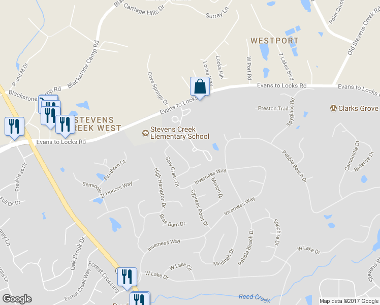 map of restaurants, bars, coffee shops, grocery stores, and more near 688 Woodhall Abbey Court in Augusta