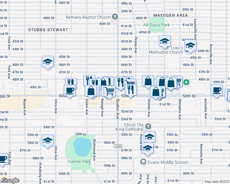 map of restaurants, bars, coffee shops, grocery stores, and more near 4402 50th Street in Lubbock