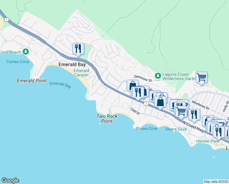 map of restaurants, bars, coffee shops, grocery stores, and more near 1565 North Coast Highway in Laguna Beach