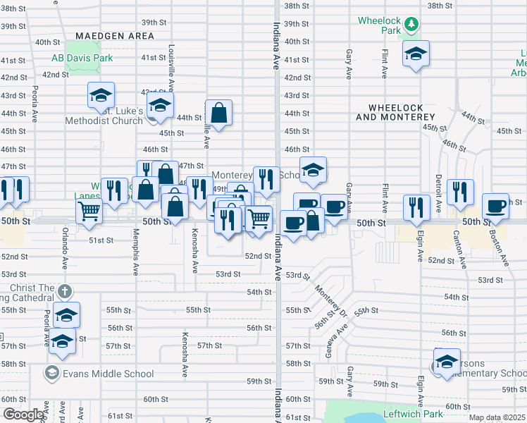 map of restaurants, bars, coffee shops, grocery stores, and more near 3402 50th Street in Lubbock