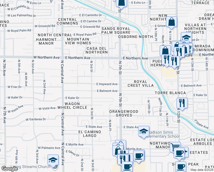 map of restaurants, bars, coffee shops, grocery stores, and more near 518 East Belmont Avenue in Phoenix