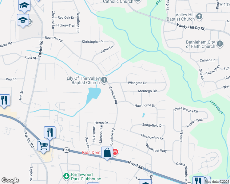 map of restaurants, bars, coffee shops, grocery stores, and more near 140 Rountree Road in Riverdale