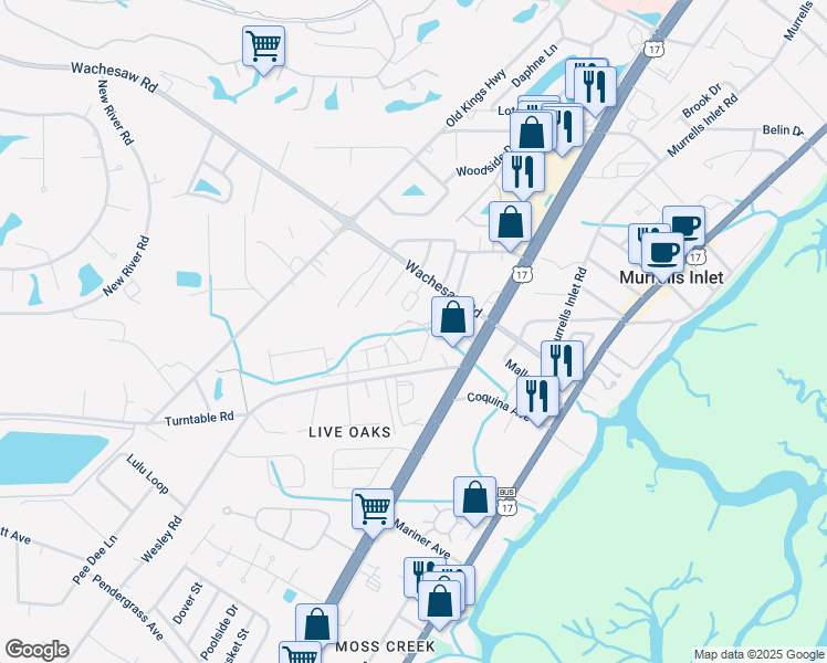 map of restaurants, bars, coffee shops, grocery stores, and more near 13 Muddy Bay Drive in Murrells Inlet