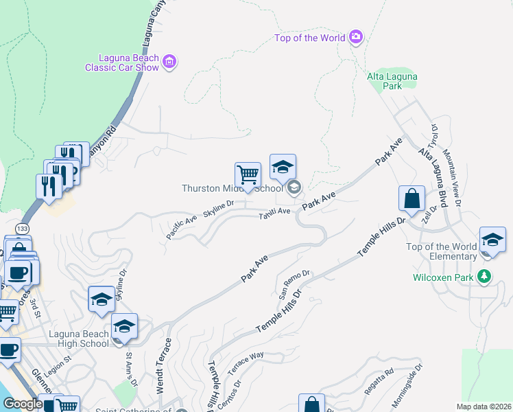 map of restaurants, bars, coffee shops, grocery stores, and more near 1598 Skyline Drive in Laguna Beach