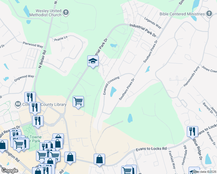 map of restaurants, bars, coffee shops, grocery stores, and more near 618 Emerald Crossing in Evans