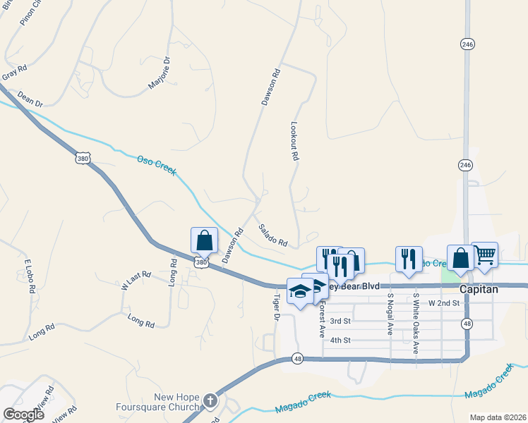map of restaurants, bars, coffee shops, grocery stores, and more near 101-117 Salado Road in Capitan