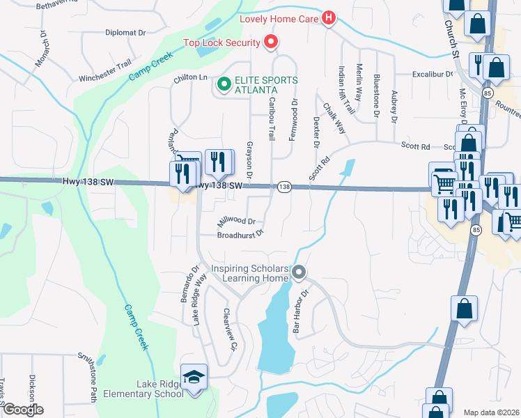 map of restaurants, bars, coffee shops, grocery stores, and more near 7556 Broadhurst Drive in Riverdale