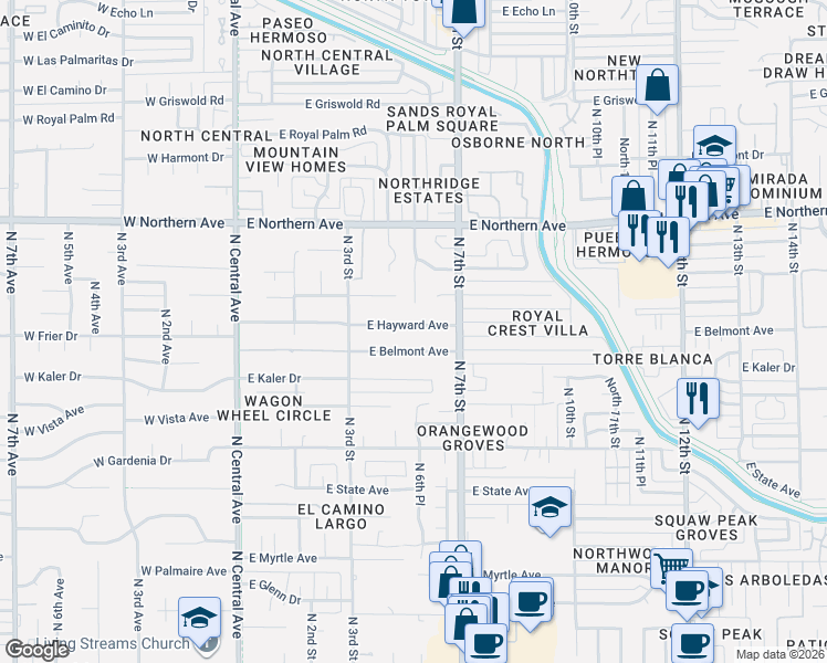 map of restaurants, bars, coffee shops, grocery stores, and more near 518 East Belmont Avenue in Phoenix
