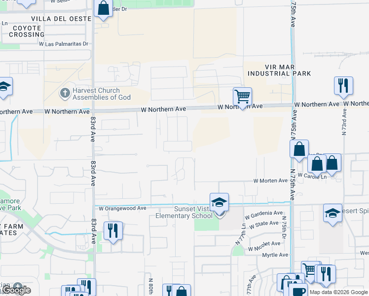 map of restaurants, bars, coffee shops, grocery stores, and more near 7898 North 79th Avenue in Glendale