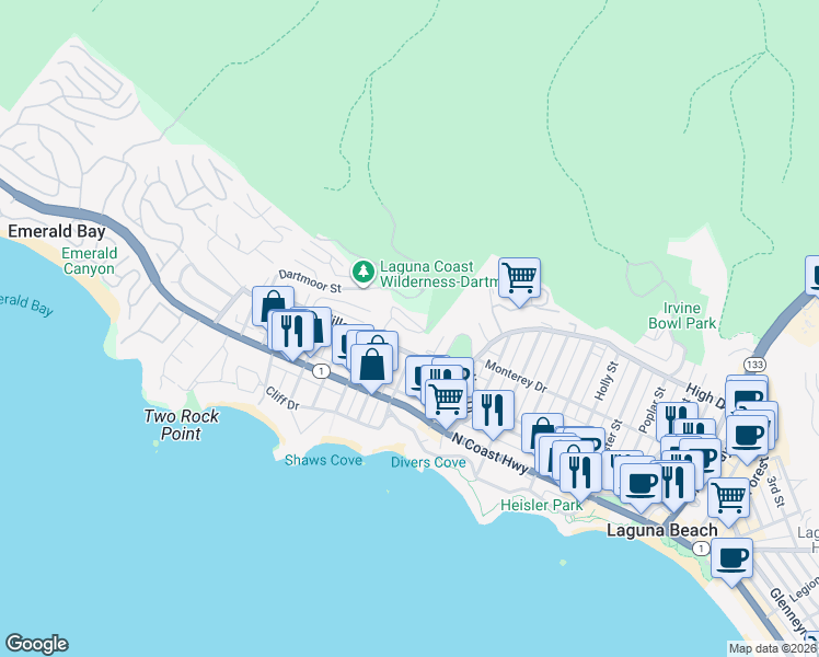 map of restaurants, bars, coffee shops, grocery stores, and more near 383 Pinecrest Drive in Laguna Beach