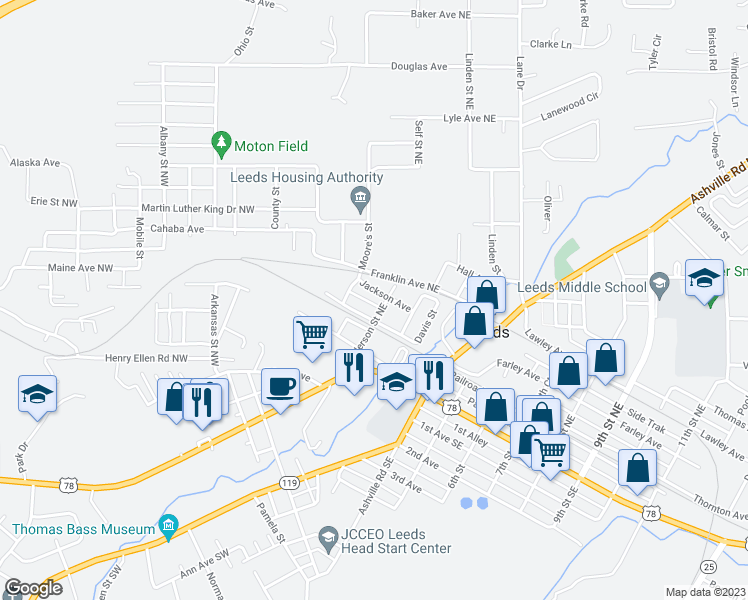 map of restaurants, bars, coffee shops, grocery stores, and more near 8121 Jackson Avenue in Leeds