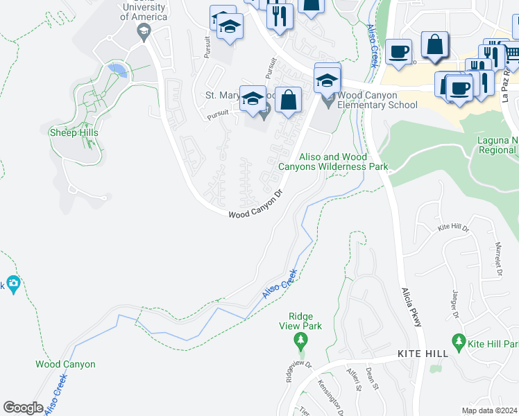 map of restaurants, bars, coffee shops, grocery stores, and more near Wood Canyon Dr & Colony Way in Aliso Viejo