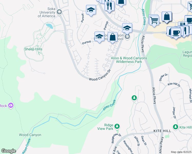 map of restaurants, bars, coffee shops, grocery stores, and more near 114 Colony Way in Aliso Viejo