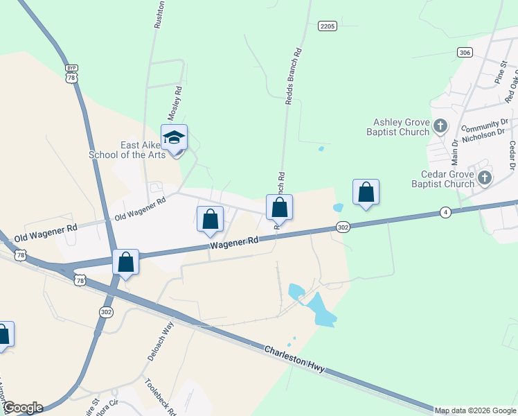 map of restaurants, bars, coffee shops, grocery stores, and more near 295 Old Wagener Road in Aiken