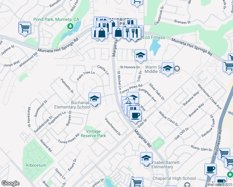 map of restaurants, bars, coffee shops, grocery stores, and more near Margarita Rd & Torrey Pines Rd in Murrieta