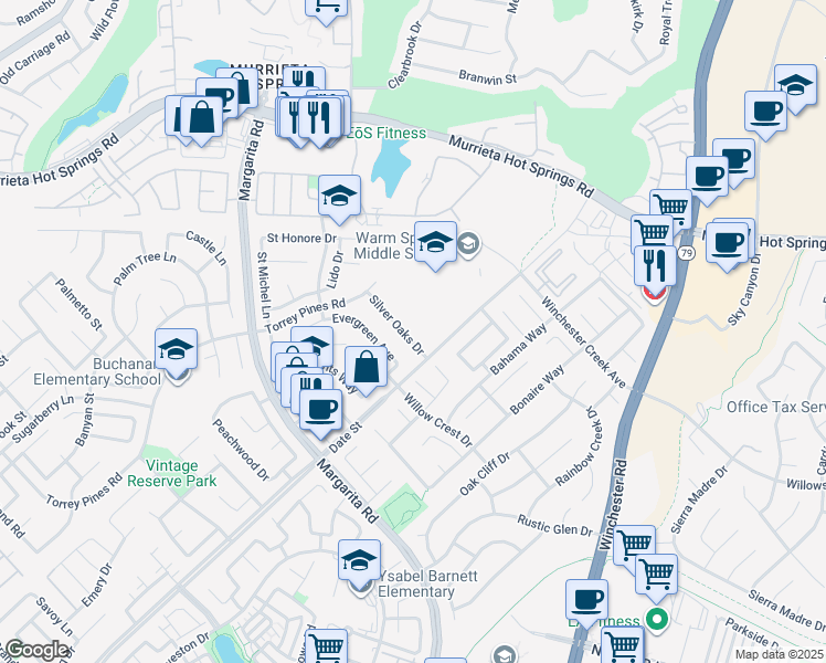 map of restaurants, bars, coffee shops, grocery stores, and more near 26738 Silver Oaks Drive in Murrieta