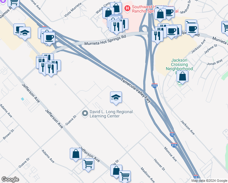 map of restaurants, bars, coffee shops, grocery stores, and more near Guava Street in Murrieta