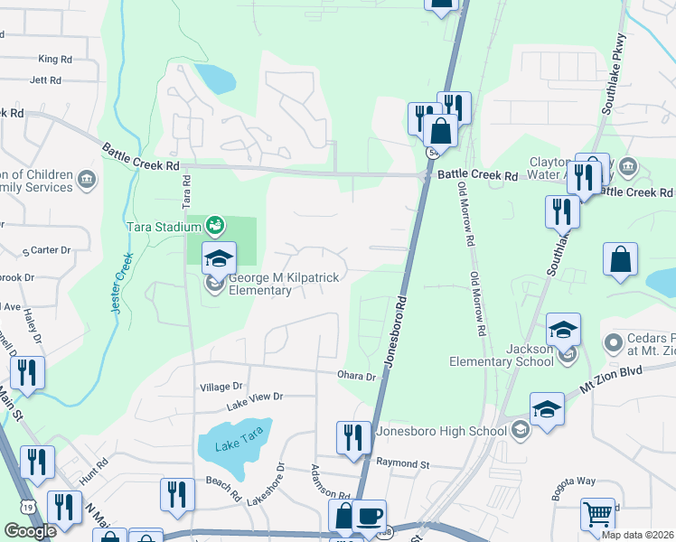 map of restaurants, bars, coffee shops, grocery stores, and more near 7509 Jonesboro Road in Jonesboro