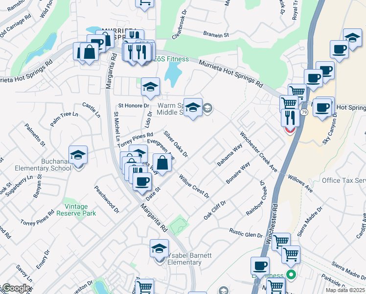map of restaurants, bars, coffee shops, grocery stores, and more near 26738 Silver Oaks Drive in Murrieta