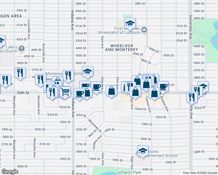map of restaurants, bars, coffee shops, grocery stores, and more near 3132 50th Street in Lubbock