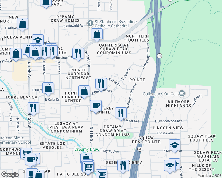 map of restaurants, bars, coffee shops, grocery stores, and more near 7669 North 18th Street in Phoenix