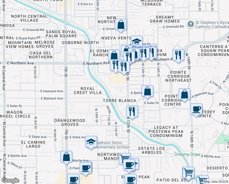 map of restaurants, bars, coffee shops, grocery stores, and more near 1110 East Belmont Avenue in Phoenix