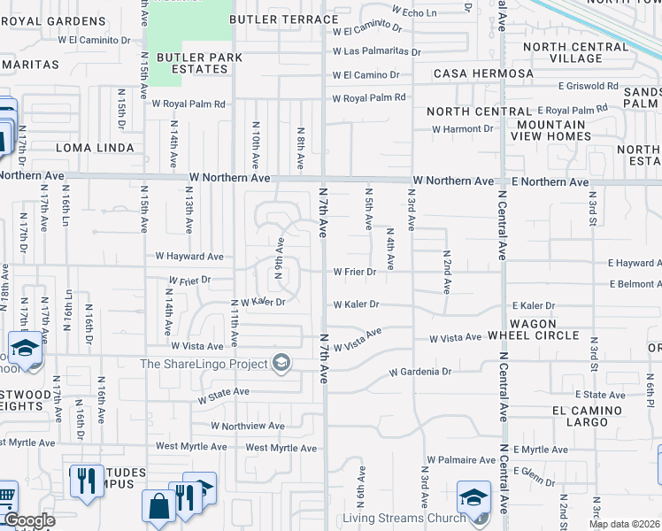 map of restaurants, bars, coffee shops, grocery stores, and more near 7644 North 6th Avenue in Phoenix