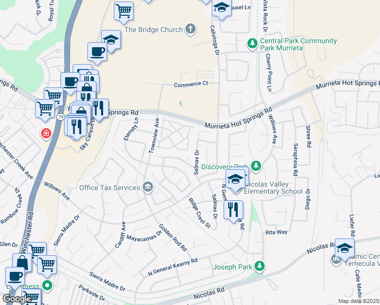 map of restaurants, bars, coffee shops, grocery stores, and more near 39353 Salinas Drive in Murrieta