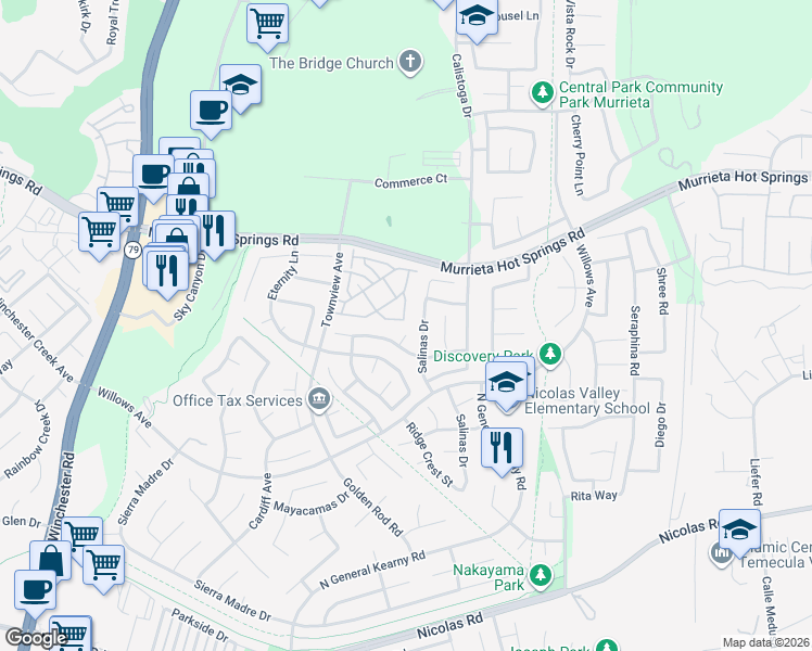 map of restaurants, bars, coffee shops, grocery stores, and more near 39353 Salinas Drive in Murrieta