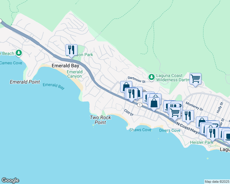 map of restaurants, bars, coffee shops, grocery stores, and more near 105 Crescent Bay Drive in Laguna Beach