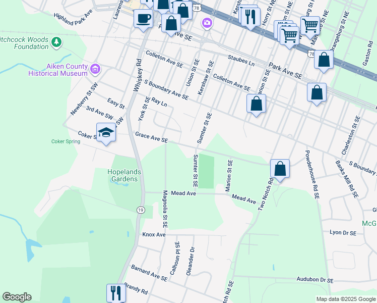 map of restaurants, bars, coffee shops, grocery stores, and more near 517 Sumter Street Southeast in Aiken